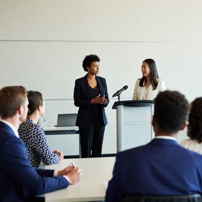 African-American woman speaking at business meeting