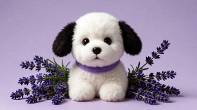 Fluffy White Puppy with Lavender