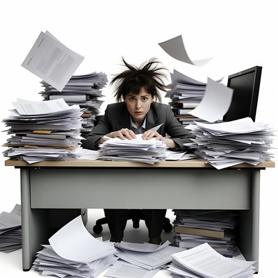 Stressed woman buried in paperwork