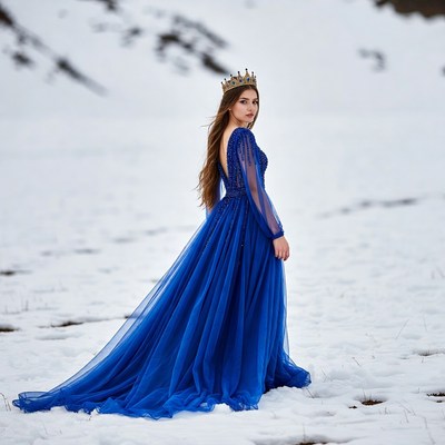 Woman in Blue Gown and Crown in Snow