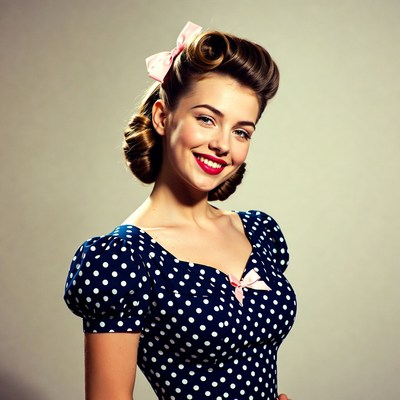 Woman in polka dot dress with victory rolls