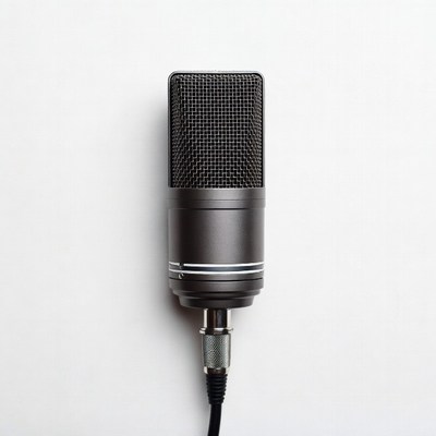 Black condenser microphone on white background
