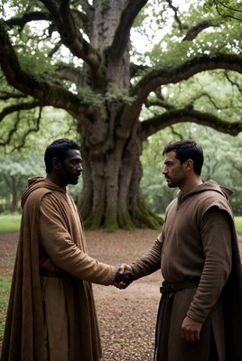 Two men in robes shaking hands under oak tree