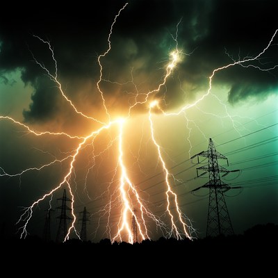 Lightning Storm Over Power Lines
