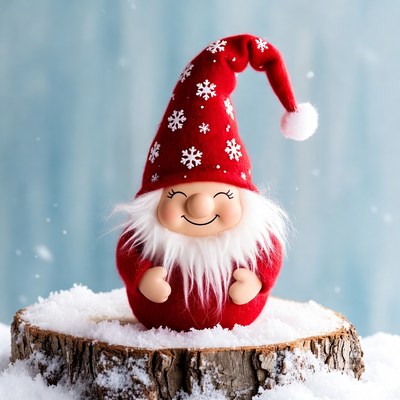 Smiling Red Gnome on Snowy Stump