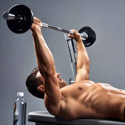 Muscular man bench pressing barbell