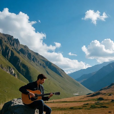 Man playing guitar on mountain rock