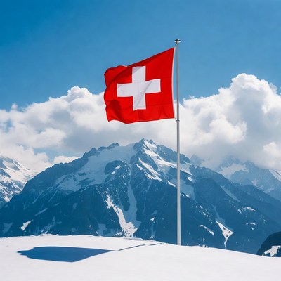 Swiss Flag on Pole with Snowy Mountains