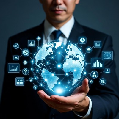 Asian businessman holding digital globe