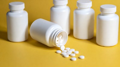 White Pill Bottles Spilling Pills on Yellow Background