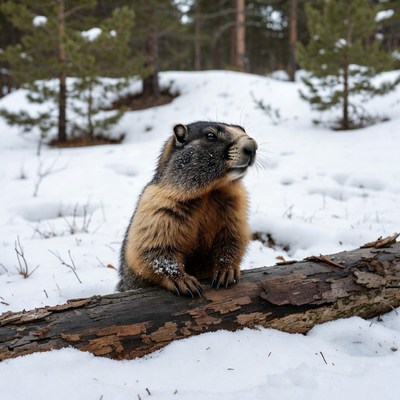 Fisher standing on snowy log