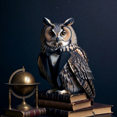 Owl in Tuxedo with Globe and Books