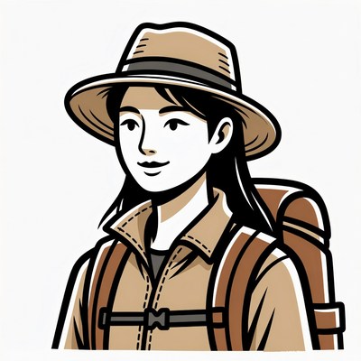 Asian woman in safari hat backpack
