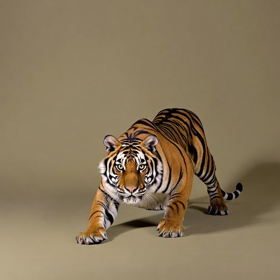 Tiger stalking on beige background