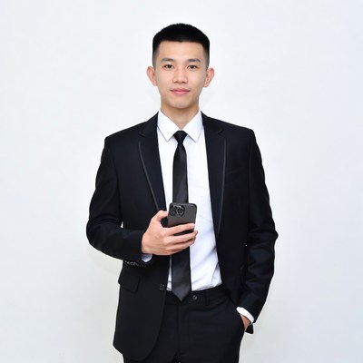 Asian man in suit holding smartphone