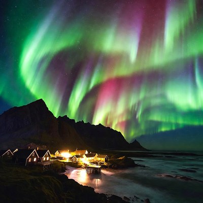 Northern Lights over Norwegian Fishing Village