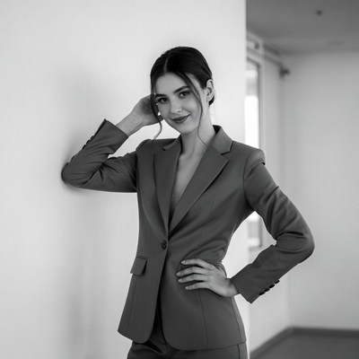 Woman in blazer leaning against wall