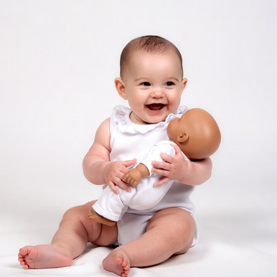 Baby girl holding doll