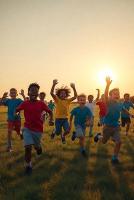 Diverse kids jumping in sunset field