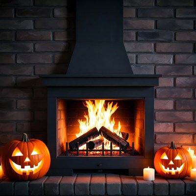 Jack-o'-lanterns by fireplace