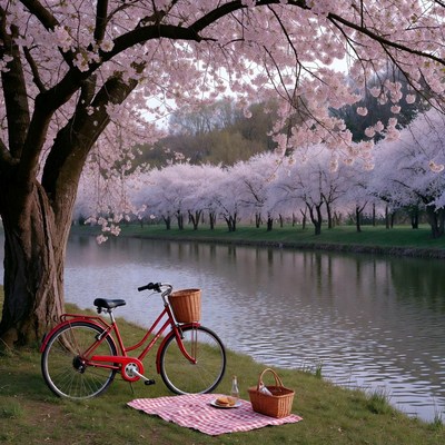 Red Bicycle by Cherry Blossom Tree Riverside