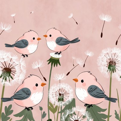 Three Cute Pink Birds on Dandelions