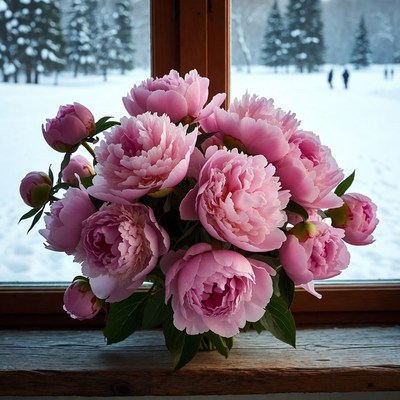 Pink Peonies by Snowy Window
