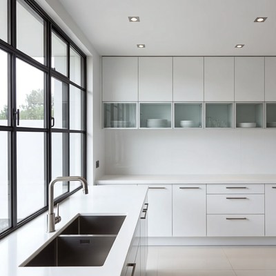 Modern White Kitchen with Large Windows
