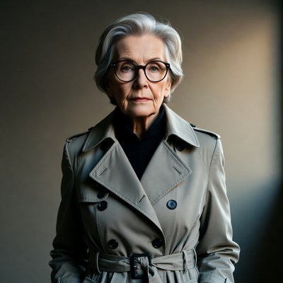 Elderly woman in trench coat and glasses