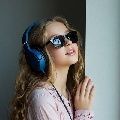 Girl wearing headphones and sunglasses