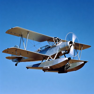 Silver Biplane Seaplane Flying