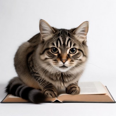 Tabby cat reading open book