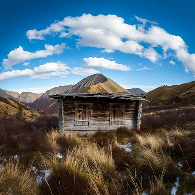 Old wooden cabin in snowy mountains