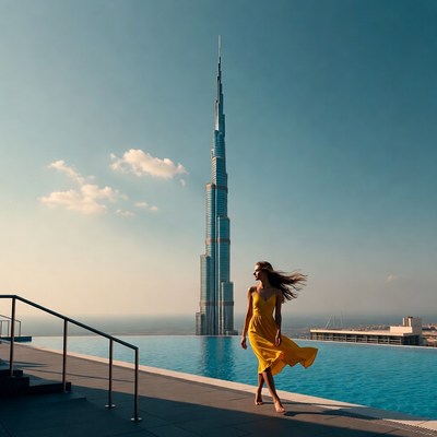 Woman in yellow dress at Burj Khalifa pool