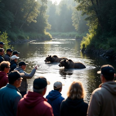 Grizzly bears swimming in river with crowd