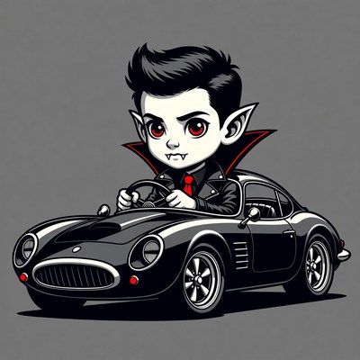 Chibi Vampire Boy Driving Sports Car
