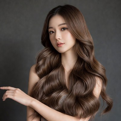 Asian woman with long wavy brown hair