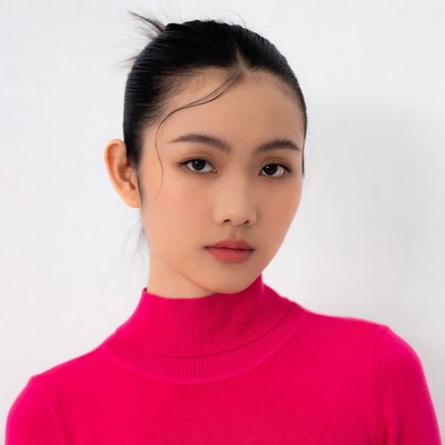 Asian woman in pink turtleneck