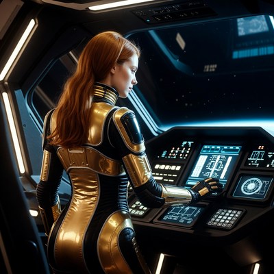 Redhead woman piloting spaceship cockpit