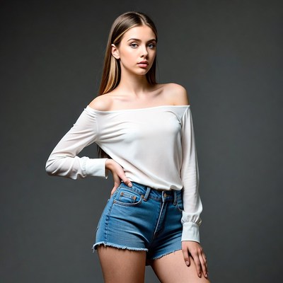 Young woman in off-shoulder top and denim shorts