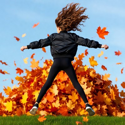 Girl jumping into autumn leaves