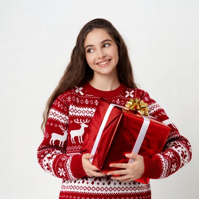 Girl holding red Christmas gift