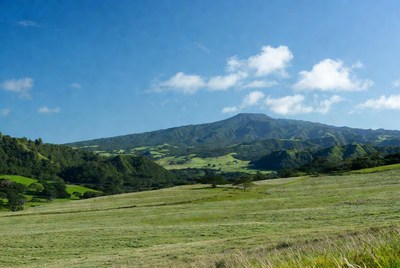Lush green mountain landscape with fields