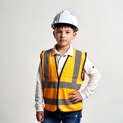 Boy wearing hard hat and safety vest