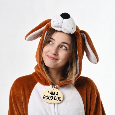 Woman in brown dog onesie costume