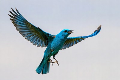 Blue Grosbeak Flying with Wings Spread