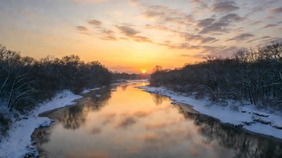 Winter River Sunset with Snowy Trees