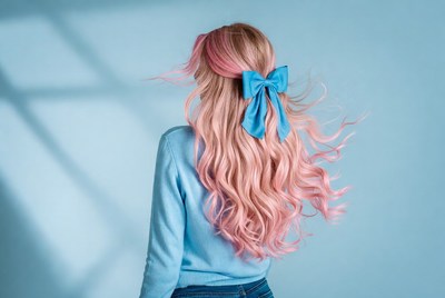 Woman with pink hair and blue bow