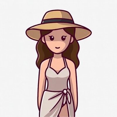 Cartoon woman in beach hat and dress