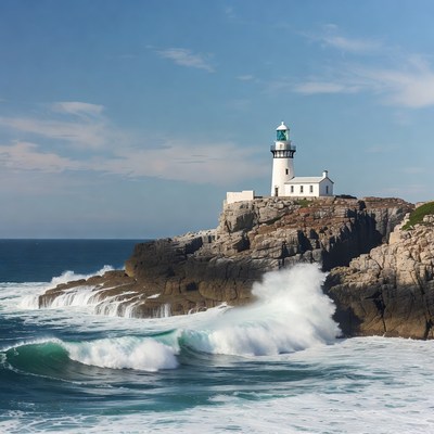 Lighthouse on rocky cliff with crashing waves